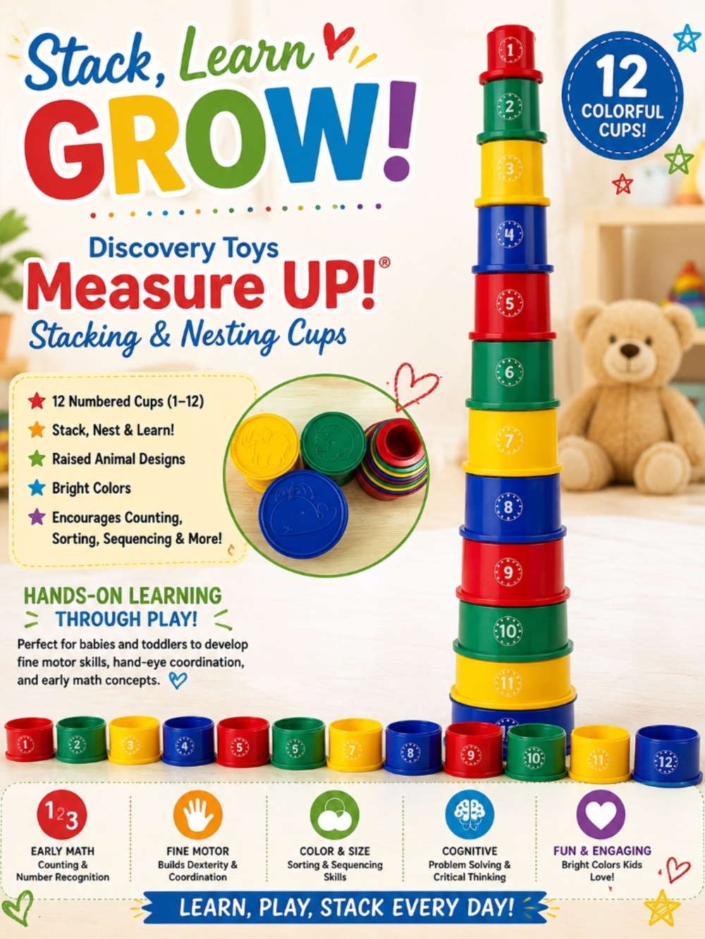 Vintage Discovery Toys Measure UP! 12 Numbered Stacking Nesting Cups